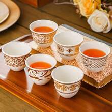1 Set Of Small Middle Eastern Ceramic Cups, A 6-Piece Set Of Retro Minimalist Style Party Tea Cups, With Various Patterns Such As Persian Script, Sunflowers, Honeysuckle, And Crown Available, 60ml Ramadan Festival Coffee Cups, Ramadan Festival Gift Set - Multicolor - View 3