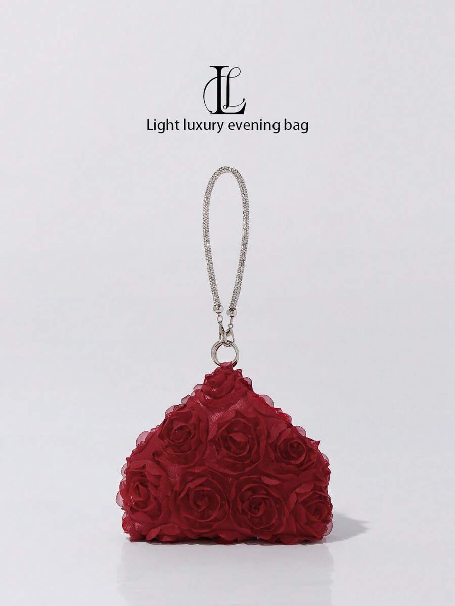 Elegant Luxury 3D Floral Pattern Evening Clutch, Rose Flower Handbag, Paired With High-End Diamond Bracelet Handbag, Suitable For Parties, Weddings, Galas, Celebrations, Valentine's Day, Women's Gifts, Formal Attire Matching, Formal Occasions, Lace - Burgundy - View 1