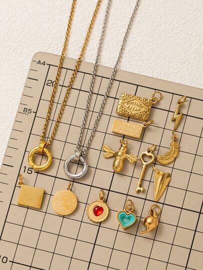 1 Piece Of Daily Casual Women's Necklace Pendant, Including Cookies, Teapot, Heart Shape, Feathers, Lightning, Airplane, Keys, Bees, And Chain Links. Stainless Steel Material, Plated With 18K Gold, Waterproof And Fade Resistant. Suitable For DIY Necklace Accessories, Charming Jewelry Accessories, Women's Jewelry Accessories, DIY Jewelry Accessories, Gifts, Beach Accessories
