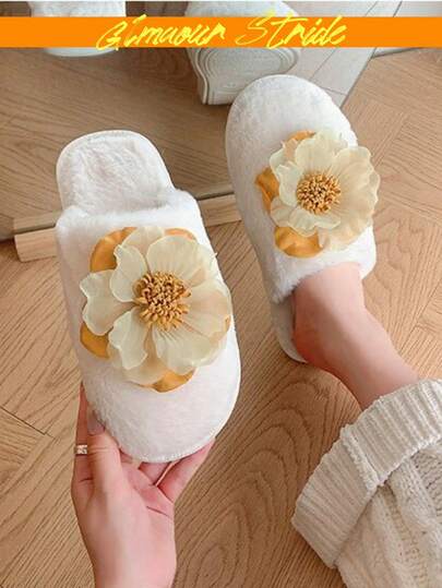 Women's White Flower Decor Slippers, Fuzzy Bedroom Slippers For All Seasons, High-Quality TPR Anti-Slip Durable Sole, More Affordable Foam Bottom Versions Available At Other Stores