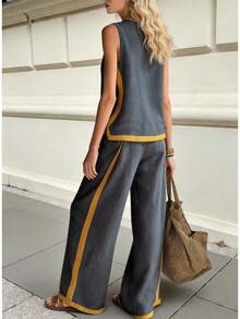 Luxury Linen Blend Contrasting Dark Gray Yellow Edge Sleeveless Top+Loose Wide Leg Pants Women's Casual Suit | Luxury Minimalist Fashion Temperament Personalized Style Suitable For Spring And Summer Daily Street And Leisure Commuting Occasions Styling - Black and Gray - View 3