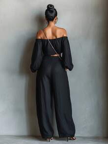 Ladies' Spring And Summer High-End Minimalist Niche Design Off Shoulder Long Sleeved Shirt With Wide Leg Pants Set - Women's 2-Piece Set, Commuting Fashion, Comfortable Leisure, Elegant Youth - 黑色 - 查看 2