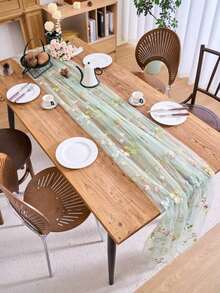 1pc Champagne Floral Embroidered Lace Table Runner, American Farmhouse Style Sheer Rectangular Tablecloth, Suitable For Weddings, Hotels, Daily Use, Holidays, Birthday Parties, Family Dinners, All Seasons - Champagne - View 9