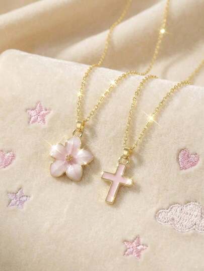 2pcs/Set Girls Sweet Fashion Beautiful Five-Leaf Flower And Cross Pendant Necklace For Summer Beach Party Vacation Holiday Dates Jewelry Accessory For Birthday Gift For Daily Decoration