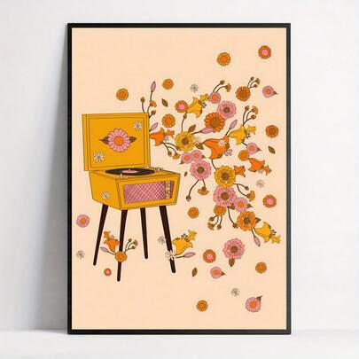 1幅无框帆布海报，70年代波西米亚风格唱机，唱片机艺术画，音乐爱好者海报，客厅墙面装饰，卧室墙面装饰，家居装饰