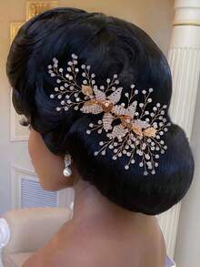 1pc Elegant & Luxurious Handmade Beaded Bridal Hair Comb, Women's Headpiece Suitable For Party, Wedding, Photography,Summer,Beach - Gold - View 5