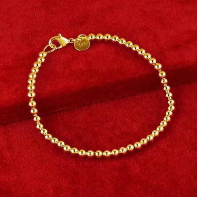 18K Gold Plated Fashionable & Elegant 4mm Beaded Chain Bracelet, High-Quality Luxury Jewelry For Women