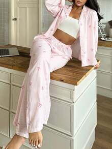 Nina Bonheur 两件套女士宽松舒适透气长袖上衣和长裤睡衣套装，可爱家居服 - 粉色 - 查看 3