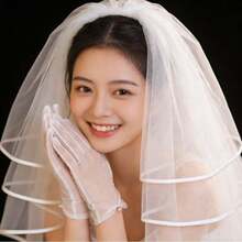 1雙/3件組韓式新娘珍珠手套 短款網紗蝴蝶結面紗 優雅夢幻 婚禮主用 聖誕情人節適用 - 白色 - 查看 14