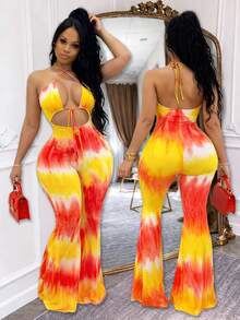 Summer Tie-Dye Halter Jumpsuit For Women, Flared Pants, Tie Front Cut-Out, Enterizos De Mujer Elegantes, Monos De Mujer, Casual Weekend & Party Outfit - 黃色 - 查看 4