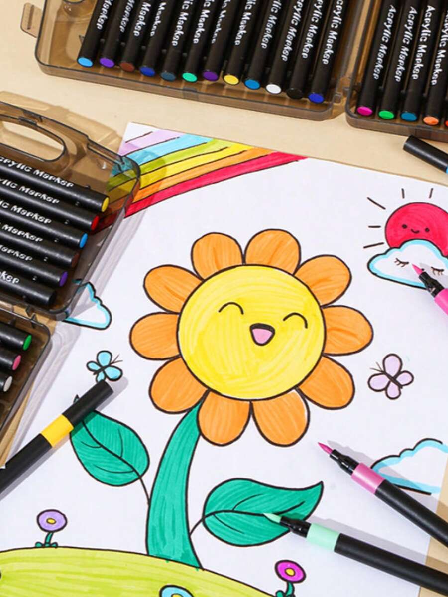Black Boxed Soft-Tip Acrylic Marker Pens, Suitable For Student Art Creation, Opaque, Can Layer Watercolor Effects, Suitable For Back To School Season And New Academic Year - Sets - View 1