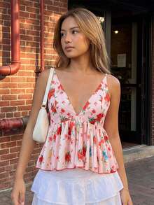Camiseta sin mangas Bodydoll floral para mujer, estilo veraniego, a la moda, con tirantes finos y escote en V. - Rosa - Ver 5