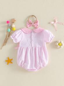 Conjunto para recién nacida, body de manga corta con cuello de muñeca, rayas, bordado de ballena y diadema con lazo. Ropa de verano. - Rosa - Ver 2