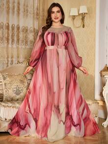 SUPGIR [Random Cut] Round Neck Lantern Sleeve Luxury Beaded Embroidery Decor Elegant Flared Hem Multi-Color Evening Gown Dress - Pink - View 4