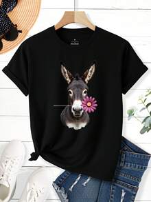 Flower-Holding Cute Donkey" - Women's Fashion Casual Sporty Style - Breathable, Sweat-Absorbent, Lightweight, Comfortable, Soft Printed Sports T-Shirt - 黑色 - 查看 2