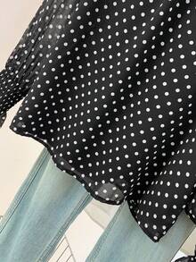 YUXIN Áo kiểu nữ mùa xuân hè chấm bi bằng vải chiffon, cổ cao, tay bồng, dáng rộng, thoáng khí, tôn dáng, thích hợp cho công sở, dự tiệc và mặc hàng ngày trong nhiều dịp. - Nền đen với các chấm trắng - Xem 8