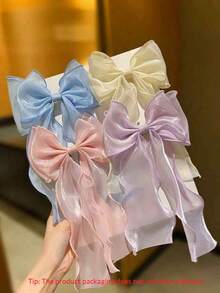 4件組女款蝴蝶結髮夾，4色長尾素色優雅髮飾，適合日常佩戴，女性禮物 - 彩色 - 查看 5