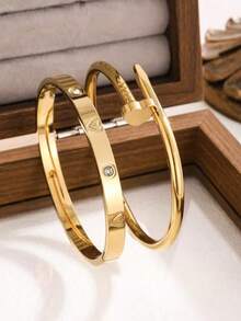 Bộ 2 vòng tay bằng thép titan đính đá, chống thấm nước và chống phai màu, phụ kiện thời trang tối giản và thanh lịch, vòng tay đa năng bán chạy. - Vàng - Xem 4