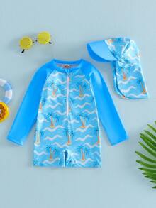 Traje de baño de manga larga con estampado de árbol para bebé niño, con protección solar y gorro para el sol. - Azul - Ver 3