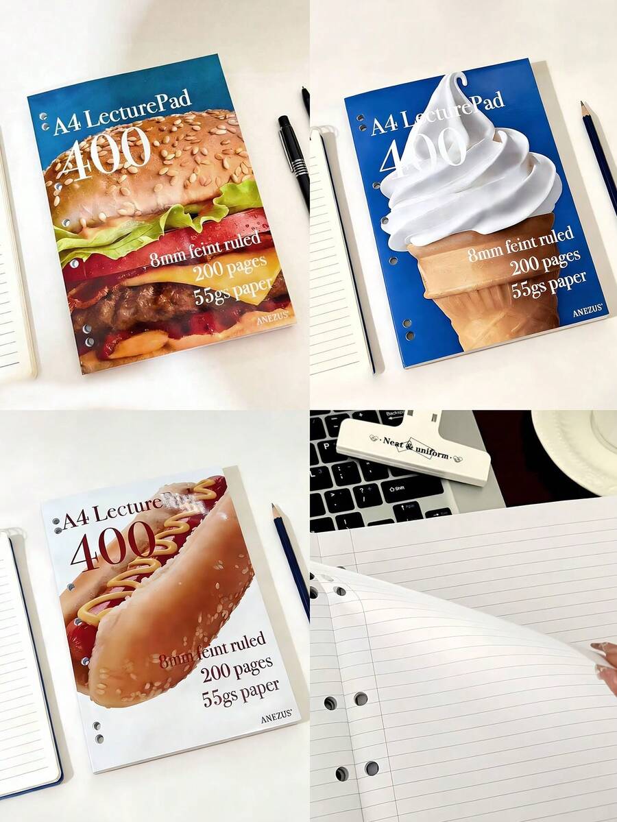 200 Sheets A4 Loose Leaf Paper, 55g Non-Bleed Notebook Filler Paper, Cute Food Series (Hamburger/Ice Cream), Back To School Kawaii Diary - Multicolor - View 1