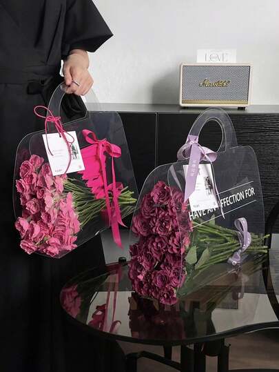 1 pieza Bolsa de embalaje de flor de rosa transparente, bolsa de embalaje de ramo de flores de alta transparencia minimalista con asa, bolsa de embalaje floral transparente portátil, caja de regalo de rosa transparente de mano, suministros Bolsa de mano para ramo de flores de PET, caja de embalaje de regalo DIY, adecuada para suministros de boda, embalaje de floristería, regalos de fiesta y vacaciones, bolsa de embalaje de flor de rosa, material de embalaje, diseño práctico y portátil