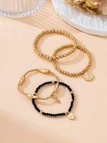 4pcs/Set Summer Beach Vacation Beaded Bracelet Set With Heart, Lock & Human Head Charms - Multicolor - View 4