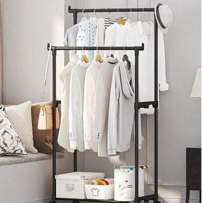 1pc Wheeled Mobile Floor Clothes Hanger, An Indoor Household Bedroom Laundry And Drying Rack, Adjustable Single/Double Rods, Suitable For Rooms, Balconies, Dormitories, And Living Rooms.