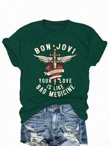 BON JOVI Band Printed Spring/Summer Casual Short-Sleeved Crew Neck T-Shirt, Casual Women's Wear  Fashion Simple T-Shirt For Women - 綠色 - 查看 12