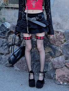 1 Pair Sheer Thigh High Stockings, Leopard Print Sexy Goth Sheer Tights, Red Plaid Trim Thigh High Socks, Punk Rock Cute Y2K Aesthetic - Multicolor - View 7