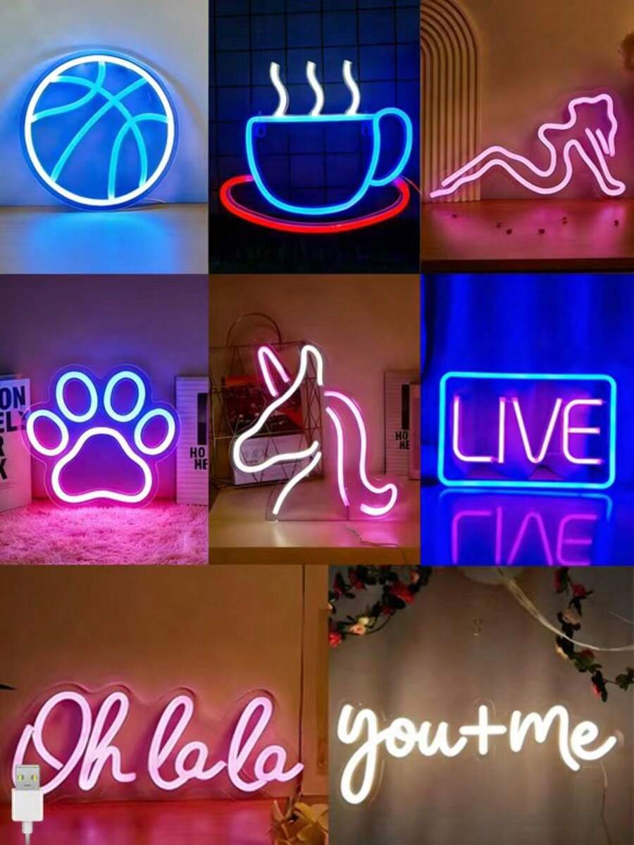Assorted LED Neon Sign Lights With USB Cable (Basketball/Coffee/Cat Pattern) - Decorative Wall Lights For Home, Bar, Party, Bedroom And Studio - Multicolor - View 1