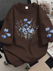 Damen Große Größen Lässig Blaues Blumen Muster Rundhals T-Shirt, geeignet für Sommerurlaub, Strand, Resort, Frühling, Valentinstag, Karneval, Muttertags Geschenk; geeignet für täglichen Tragen, Ausflüge, Reisen, Festivals, Strand, Partys, Geburtstage, Strand, Treffen, Schule, Musikfestivals, Urlaub, Pendeln, Fitness, Hochzeiten, Neujahr, Frühlings Oberteile, Damen Sommer Outfits, Damen Urlaubskleidung - Kaffeebraun - Übersicht 1