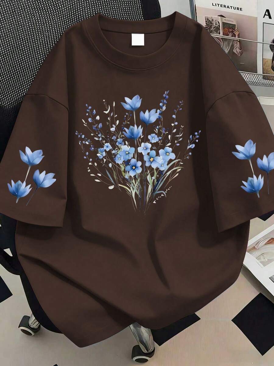 Damen Große Größen Lässig Blaues Blumen Muster Rundhals T-Shirt, geeignet für Sommerurlaub, Strand, Resort, Frühling, Valentinstag, Karneval, Muttertags Geschenk; geeignet für täglichen Tragen, Ausflüge, Reisen, Festivals, Strand, Partys, Geburtstage, Strand, Treffen, Schule, Musikfestivals, Urlaub, Pendeln, Fitness, Hochzeiten, Neujahr, Frühlings Oberteile, Damen Sommer Outfits, Damen Urlaubskleidung - Kaffeebraun - Übersicht 1