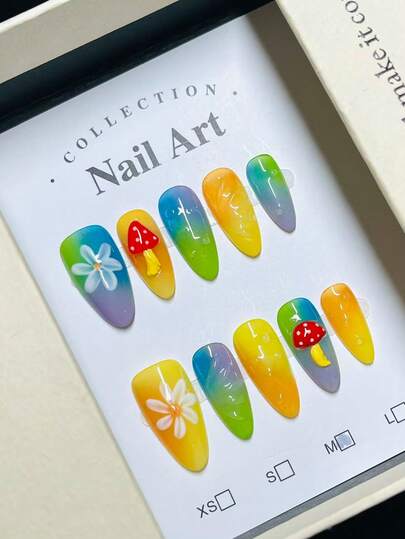 1package/10pcs-Vibrant Colorful Ombre Nails | 3D Mushroom & Daisy Decor Fake Nails For Vacation