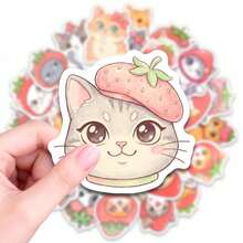 50 PCS Cute Strawberry Cat Stickers, Adorable Kitten Decals For Water Bottles Laptop Phone Case Skateboard Guitar Luggage Computer, Waterproof Vinyl Stickers For Teens Adults Students School Office DIY Crafts Decor, Cute Animal Themed Sticker Packs For Personalizing Belongings And Creative Projects - Multicolor - View 2