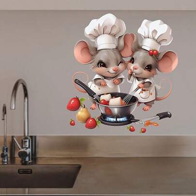1pc Removable Self-Adhesive Waterproof PVC Chef & Mouse Kitchen Wall Sticker Decal, Suitable For Restaurant, Kitchen, Bedroom, Living Room And Home Decor