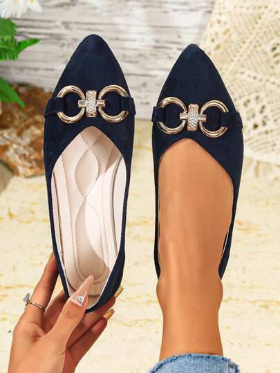 Zapatos planos de ante negro con puntera puntiaguda y hebilla de metal con diamante de imitación, zapatos casuales de oficina para todas las estaciones