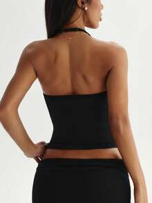 Aoqta Sports Women's Summer Casual Solid Color Halter Neck Tank Top, Fitted Sleeveless Backless With Chest Pad Ruffle Hem Halter Neck Top, Suitable For Yoga, Running, Workout, Daily Wear - Black - View 2