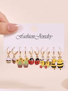 10pcs/30pcs Spring/Summer New Metal Drip Oil Cute Bee, Flower, Ladybug, Honeycomb Earring Set - Multicolor - View 3