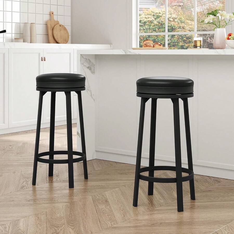 30'' Swivel Bar Stools Set Of 2 With Footrest, Modern Counter Height Barstools With PU Leather Upholstered And Metal Frame, Backless Round Bar Stools For Kitchen Island - Black - View 1