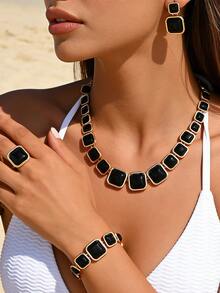 三件套奢华复古几何镀金合金仿烟晶长方形大宝石项链耳环戒指首饰套装，优雅适合派对、通勤、约会等场合。 - 金黃色+透明灰 - 查看 15