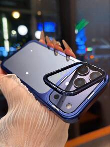 1 pieza Soporte de cámara de vidrio plegable con baño de lujo Compatible con iPhone 17 Pro Max 17 Pro Funda de teléfono transparente ultra delgada a prueba de golpes Cubierta de PC transparente - Azul oscuro - Ver 2