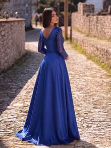 女士优雅深V领晚礼服，饰有亮片，长袖高开衩，正式修身款式，完美适用于红毯活动、派对和婚礼。 - 寶藍色 - 查看 2