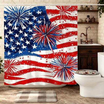 这款涤纶浴帘饰有花卉和烟花图案，以美国国旗为边框，复古节日风格，是浴室装饰的理想之选。浴帘可作为浴室窗帘使用，也可作为浴室套装的一部分。边框由红色和蓝色的花朵、烟花和美国国旗组成，中间留白，充满复古节日气息。