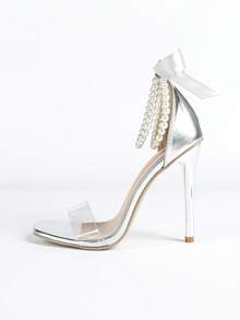 女士时尚高跟鞋，果冻凝胶，绑带，露后跟，仿珍珠链，丝带，夜店风，派对，露趾，经典方头凉鞋，夏季，户外，常规款，女士银色凉鞋，高跟凉鞋，银色电镀鞋跟，细跟，简约，性感，蝴蝶结 - 銀色 - 查看 8