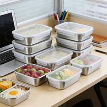 8-Piece Stainless Steel Food Container Set With Stackable, Lidded Design. Microwave, Featuring A Flip-Top Structure And Square Design. Suitable For Various Uses Including Salad Storage, Fruit Keeping, Food Preservation, Kitchen Organization, Refrigerator Freshness Maintenance, And Freezing. Multi-Functional Lunch Box. - 查看 2
