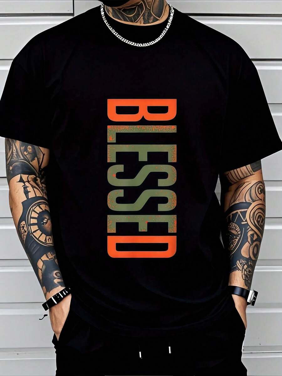 1pc Man' S Vertical Word Print Black TShirt, Crew Neck, Casual Cotton Tee, Medium Stretch Knit Fabric, Regular Fit For Boys& Man, Perfect - màu đen - Xem 1