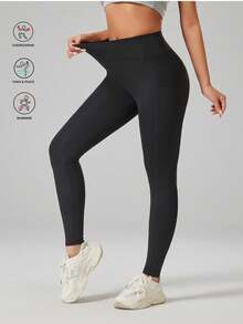 高腰收腹口袋瑜伽裤紧身打底裤运动服 - 黑色 - 查看 6