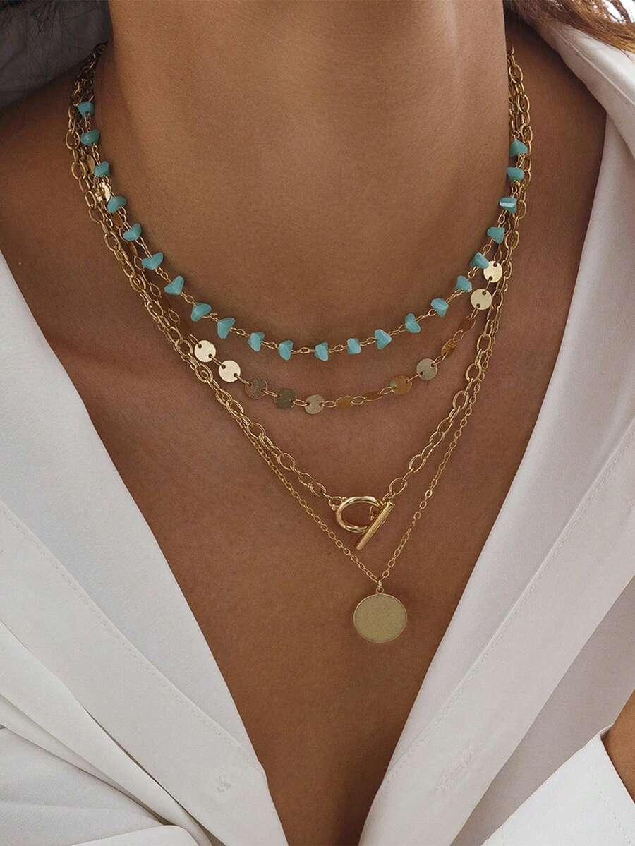 Bộ 4 dây chuyền nhiều lớp đính hạt ngọc lam phong cách Bohemian cổ điển, mặt dây chuyền hình tròn hình học tối giản kèm tua rua, thích hợp cho tiệc tùng, kỳ nghỉ, làm quà tặng và đeo hàng ngày. - Nhiều màu - Xem 1