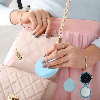 1 lược tròn du lịch, lược gấp bỏ túi có gương, lược mini có gương trang điểm dùng khi đi du lịch, bàn chải tóc gấp gọn tiện dụng, gương tích hợp, lược chải tóc, đệm khí, thích hợp cho du lịch, bàn chải nhựa cho tóc khô, tay cầm bằng nhựa ABS, quà tặng ngày lễ cho vợ và mẹ [Kiểu dáng và màu sắc ngẫu nhiên]