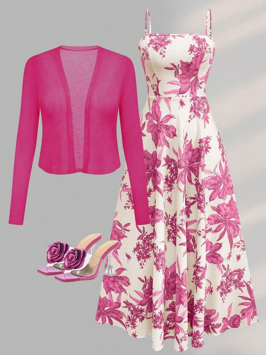 女士无袖印花收腰连衣裙搭配针织开衫，浪漫波西米亚风花卉印花度假套装，春季款 - 玫紅色 - 查看 1
